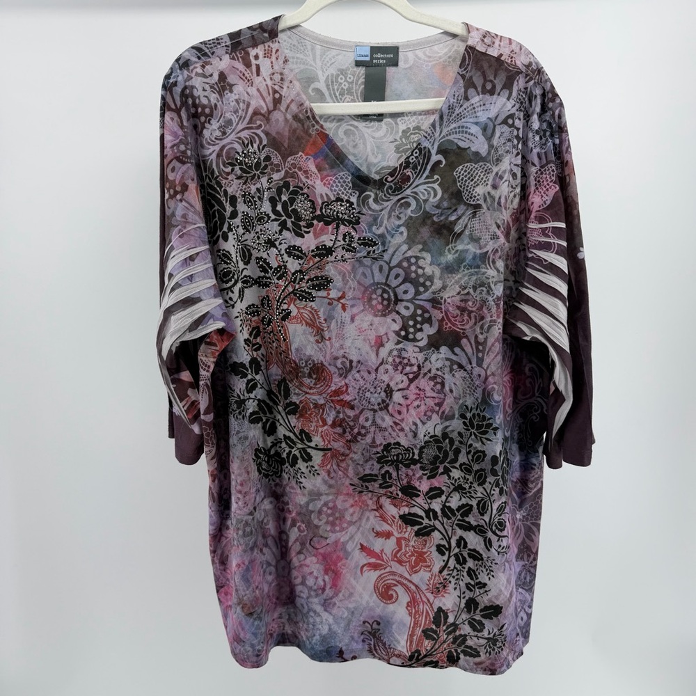 Liz & Me Multicolor Fairy Grunge Embellished V-Neck Blouse Top, Women's 2X